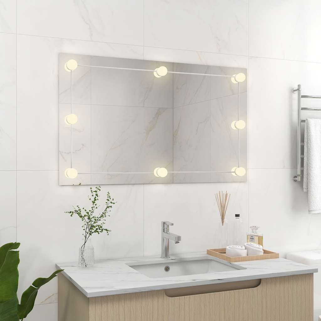 Wall Frameless Mirror With Led Lights Rectangular Glass